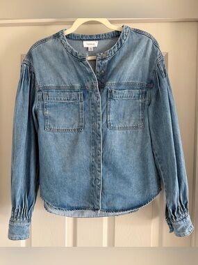 EVEREVE Blue Jean Denim Western Pleated Hidden Snap Button Front Shirt Sz XS